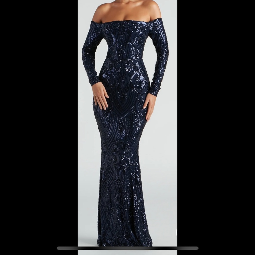 Sequin Off The Shoulder Dress | Navy | Medium